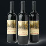 Snow Covered Pine Trees Forest Photo Christmas Wine Label<br><div class="desc">Merry Christmas bottle labels with a beautiful nature photograph. An isolated winter path with tall snow covered pine trees. 
A golden twilight hue creates a magical feel to this photo.</div>