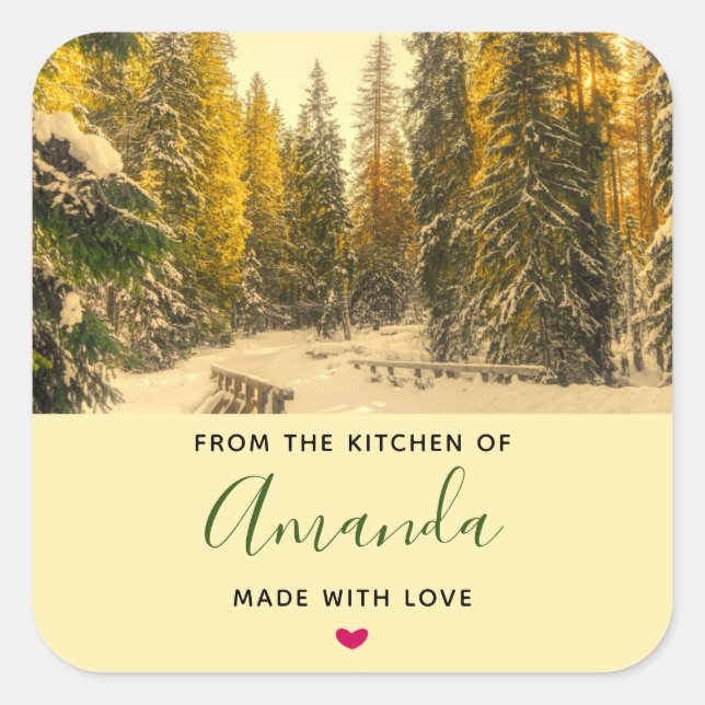 Snow Covered Pine Trees Forest Photo Kitchen Square Sticker (Front)