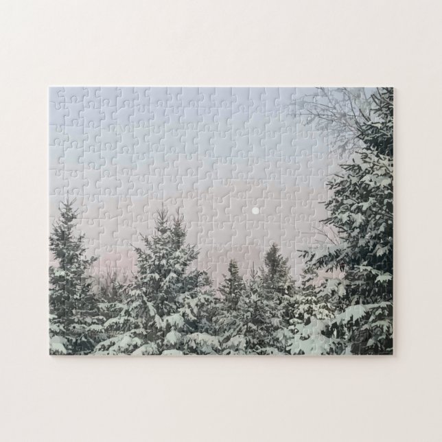 Snow Covered Pine Trees Moon Sunset Jigsaw Puzzle (Horizontal)