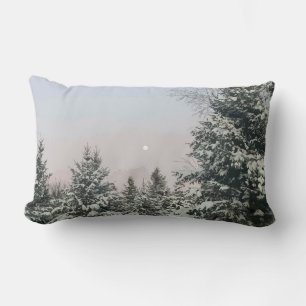 Snow Covered Pine Trees Moon Sunset Lumbar Cushion