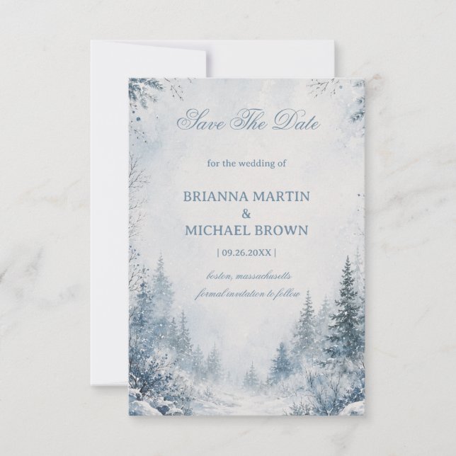 Snow Covered Pines Blue Save The Date (Front)