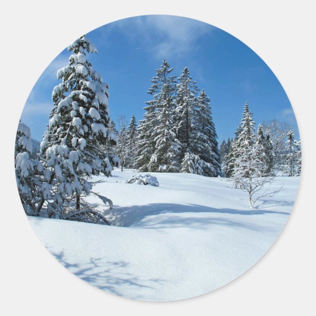 Snow-Covered Trees, Winter Scene Classic Round Sticker (Front)