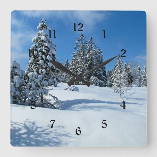 Snow-Covered Trees, Winter Scene Square Wall Clock (Front)