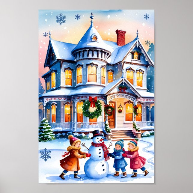 Snow-Covered Victorian House Wall Art Print Poster (Front)