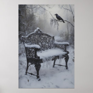 Snow-Covered Vintage Iron Bench with Raven Dark Poster