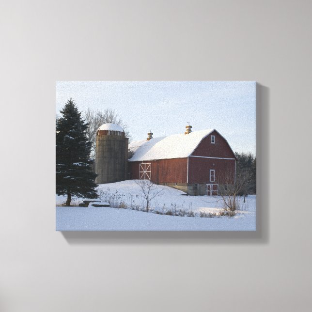 Snow Covered Winter Barn and Silo Canvas Print (Front)