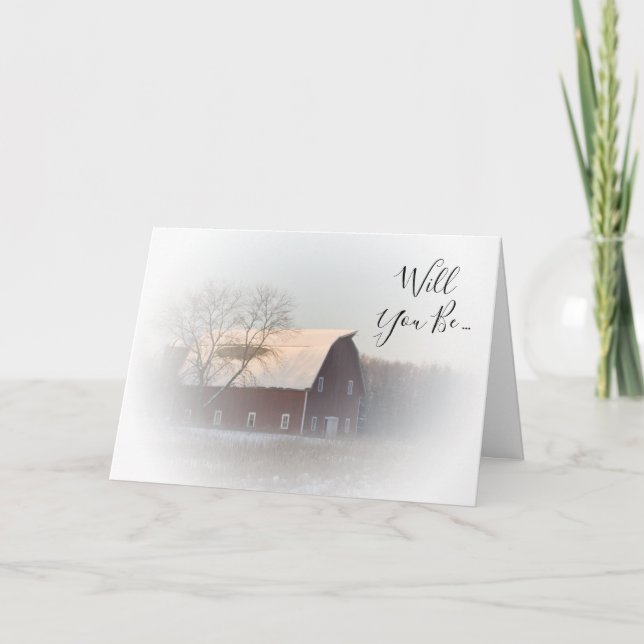 Snow Covered Winter Barn Will You Be My Bridesmaid Invitation (Front)