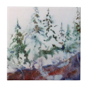 Snow covered winter pines on the edge of a cliff tile