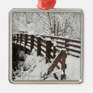 Snow Covered Wooden Bridge Metal Tree Decoration