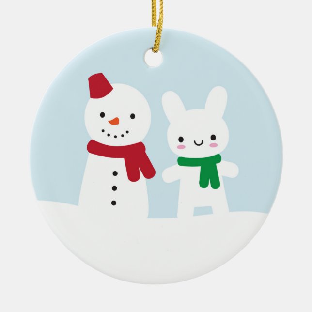 Snow Day - Bunny & Snowman Ceramic Tree Decoration (Front)