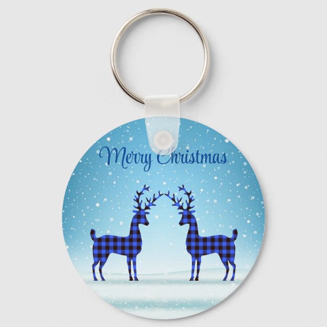 Snow Day with Blue Plaid Reindeer Key Ring (Front)