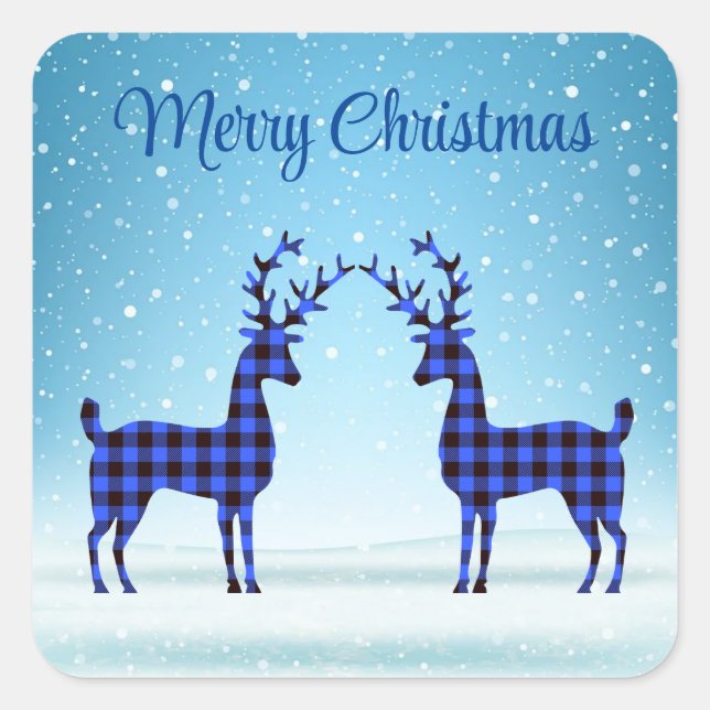 Snow Day with Blue Plaid Reindeer Square Sticker (Front)