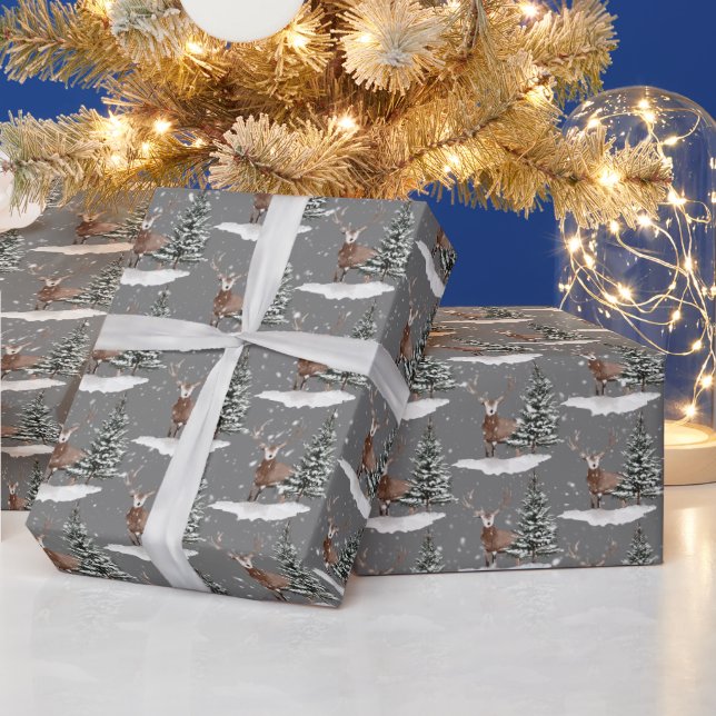 Snow Deer and Pine Tree  Wrapping Paper (Holidays)