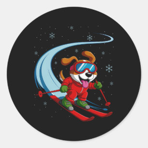 Snow Dog Skiing Puppy Cute Winter Sports Funny Ski Classic Round Sticker