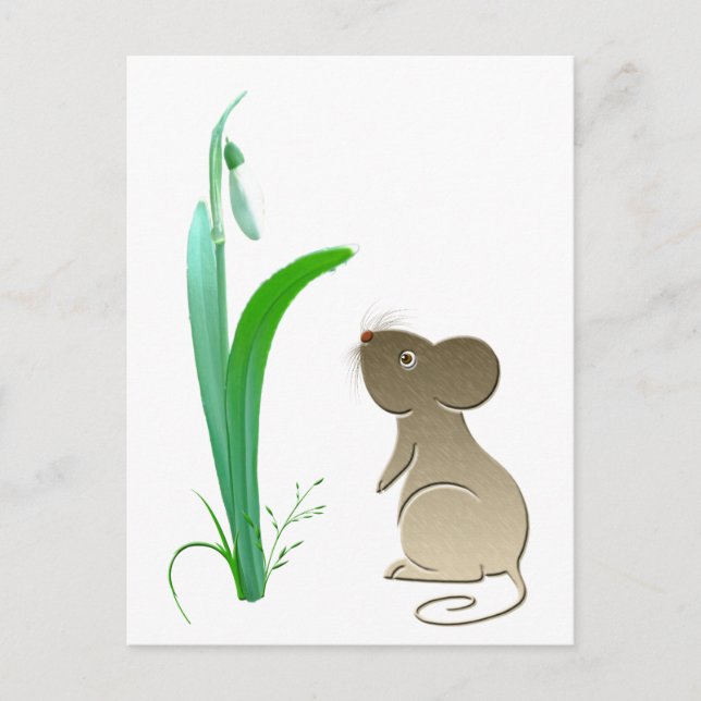 Snow drop flower and Cute Mouse Postcard (Front)