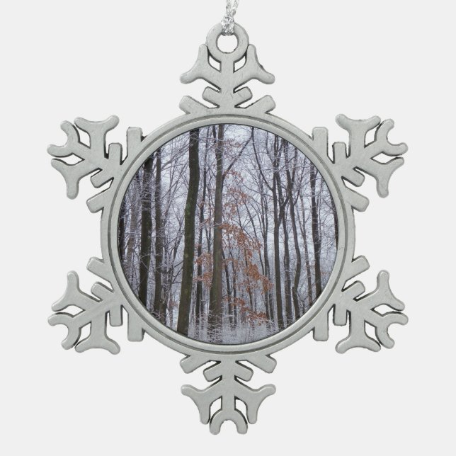 Snow Dusted Forest Winter Landscape Photography Snowflake Pewter Christmas Ornament (Front)