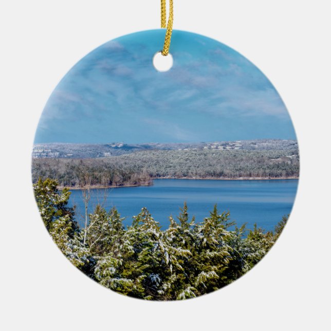 Snow Dusting At Table Rock Lake Ceramic Tree Decoration (Front)