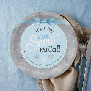 Snow Excited Baby Boy Blue & Grey Snowflake Shower Paper Plate