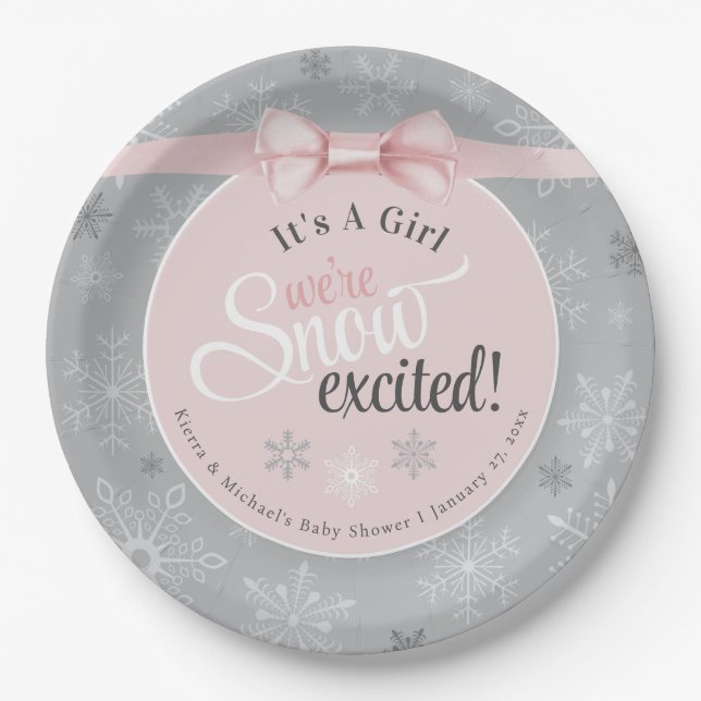 Snow Excited Baby Girl Pink Grey Snowflake Shower Paper Plate (Front)