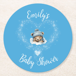 Snow Excited Blue Teddy Bear Baby Shower Round Paper Coaster