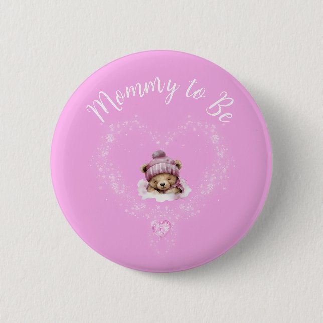 Snow Excited Pink Teddy Bear Baby Shower 6 Cm Round Badge (Front)