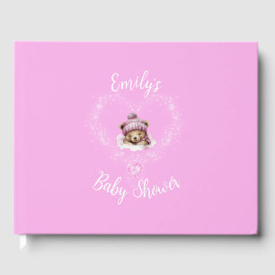 Snow Excited Pink Teddy Bear Baby Shower Guest Book