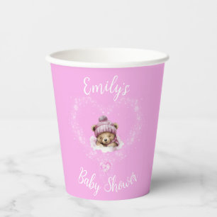 Snow Excited Pink Teddy Bear Baby Shower Paper Cups
