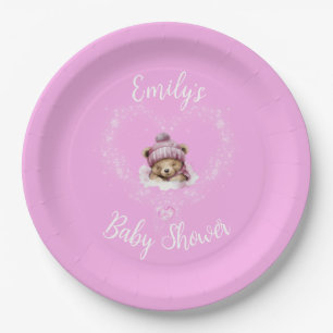 Snow Excited Pink Teddy Bear Baby Shower Paper Plate