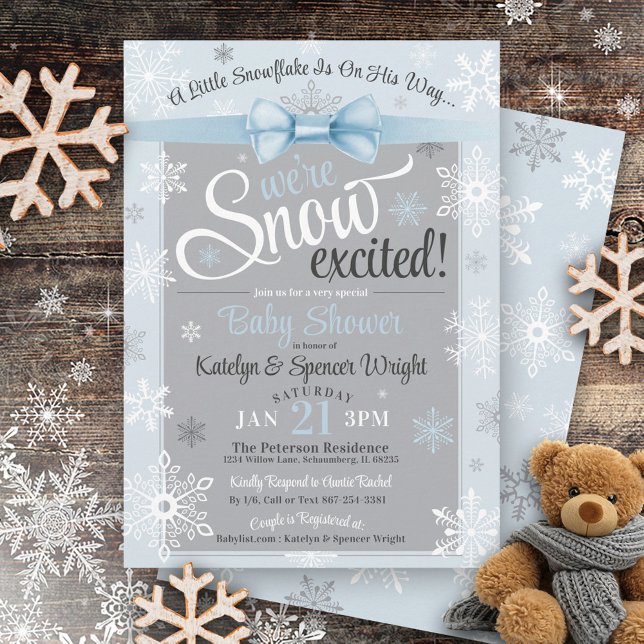 Snow Excited Snowflake Cute Blue Boy Baby Shower Invitation (Cute blue bow & gray WE'RE SNOW EXCITED baby boy snowflake winter wonderland baby shower invite)