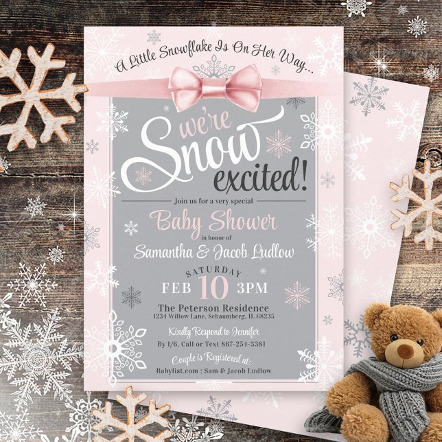 Snow Excited Snowflake Cute Pink Girl Baby Shower Invitation (Cute pink bow and gray WE'RE SNOW EXCITED baby girl snowflake winter wonderland baby shower invite)