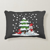 Snow Falling on Cardinal, Snowman and Pine Tree
