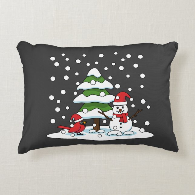 Snow Falling on Cardinal, Snowman and Pine Tree Decorative Cushion (Front)