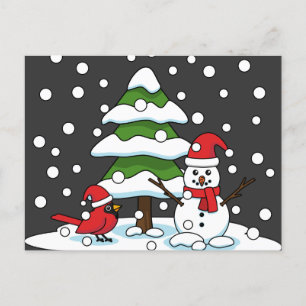Snow Falling on Cardinal, Snowman and Pine Tree Holiday Postcard