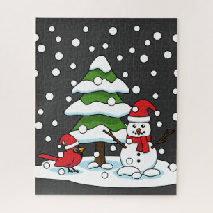Snow Falling on Cardinal, Snowman and Pine Tree Jigsaw Puzzle