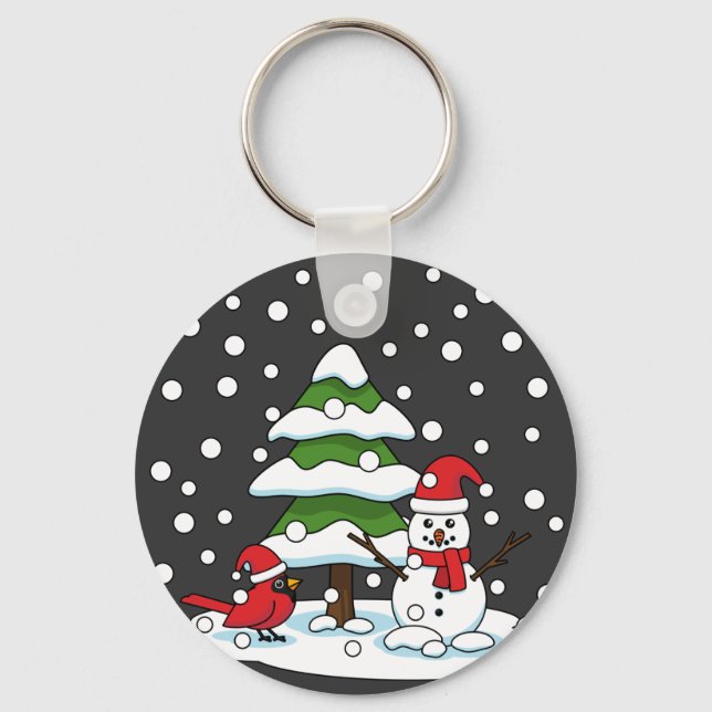 Snow Falling on Cardinal, Snowman and Pine Tree Key Ring (Front)