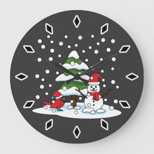 Snow Falling on Cardinal, Snowman and Pine Tree Large Clock
