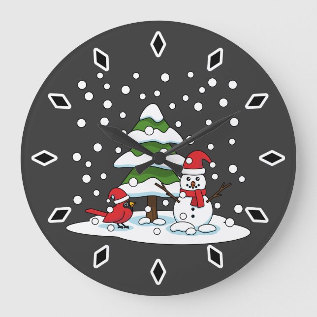 Snow Falling on Cardinal, Snowman and Pine Tree Large Clock (Front)