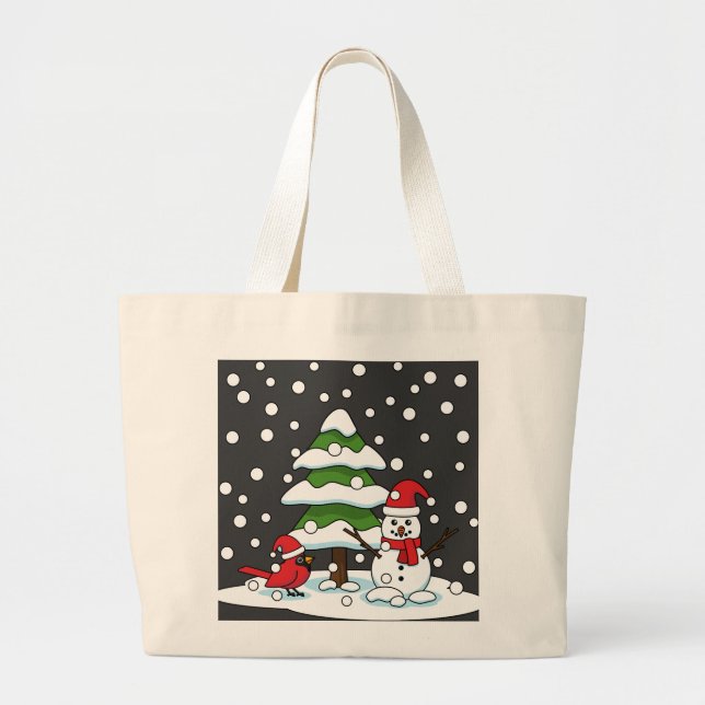 Snow Falling on Cardinal, Snowman and Pine Tree Large Tote Bag (Front)
