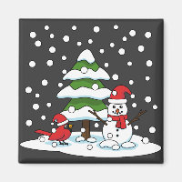 Snow Falling on Cardinal, Snowman and Pine Tree