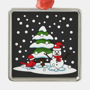 Snow Falling on Cardinal, Snowman and Pine Tree Metal Tree Decoration