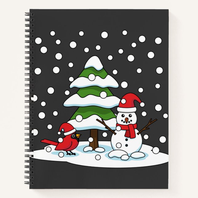 Snow Falling on Cardinal, Snowman and Pine Tree Notebook (Front)