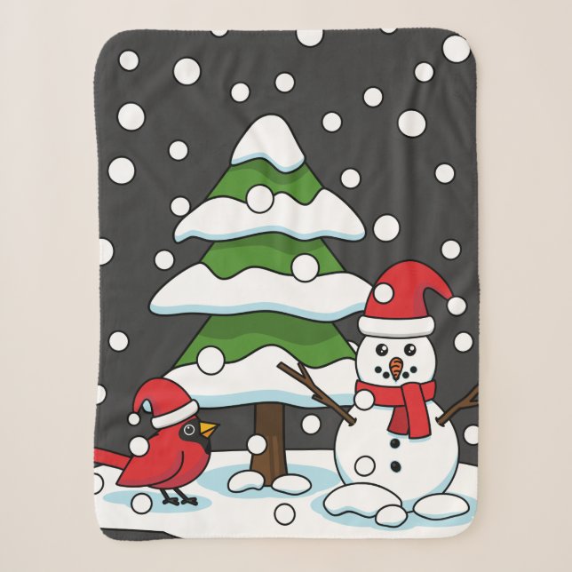 Snow Falling on Cardinal, Snowman and Pine Tree Sherpa Blanket (Front)