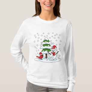 Snow Falling on Cardinal, Snowman and Pine Tree T-Shirt