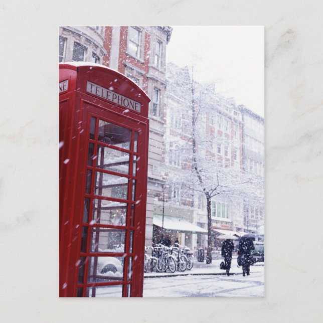 Snow Falling on Red Telephone Box Holiday Postcard (Front)