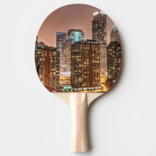 Snow falls over skyline at evening in Chicago Ping Pong Paddle