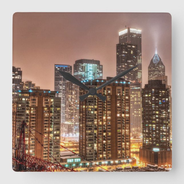 Snow falls over skyline at evening in Chicago Square Wall Clock (Front)