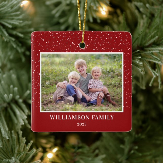 Snow Family Photo Keepsake Red Christmas Ceramic Ornament (Tree)