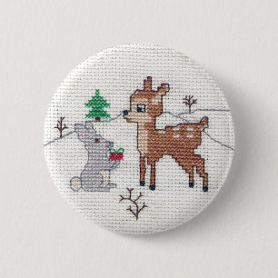 Snow Fawn and bunny Cross Stitch 6 Cm Round Badge