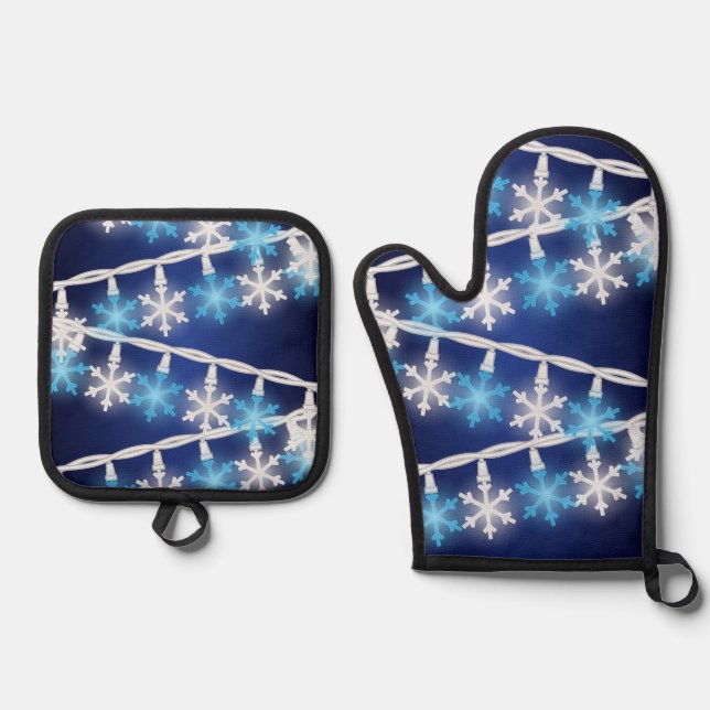 Snow Flake Lights Oven Mitt & Pot Holder Set (Front)