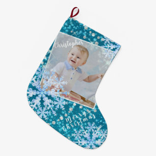 Snow Flakes Aqua Large Christmas Stocking